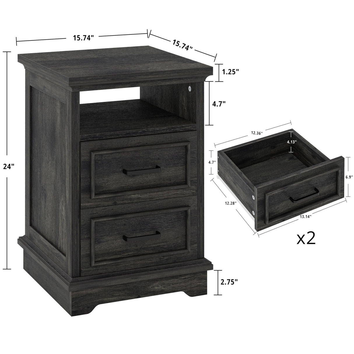 LIKIMIO Farmhouse Nightstand with Storage Drawers and Open Shelf, Small End Tables Living Room, Rustic Wood Side Tables for Bedroom, Roman Column Design, Charcoal Grey LIKIMIO