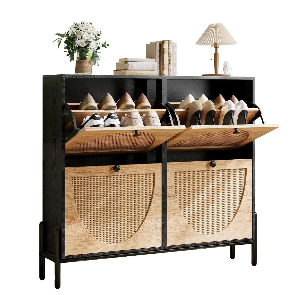 IRONCK Rattan Shoe Cabinet Storage with 4 Flip Drawers, Freestanding Shoe Storage Organizer Cabinet for Entryway, Narrow Shoe Rack Cabinet, Black IRONCK