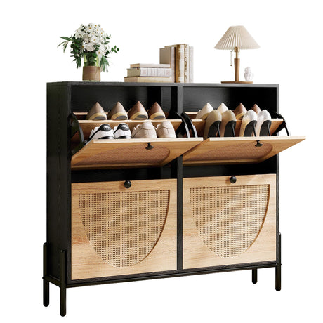 IRONCK Rattan Shoe Cabinet Storage with 4 Flip Drawers, Freestanding Shoe Storage Organizer Cabinet for Entryway, Narrow Shoe Rack Cabinet, Black IRONCK