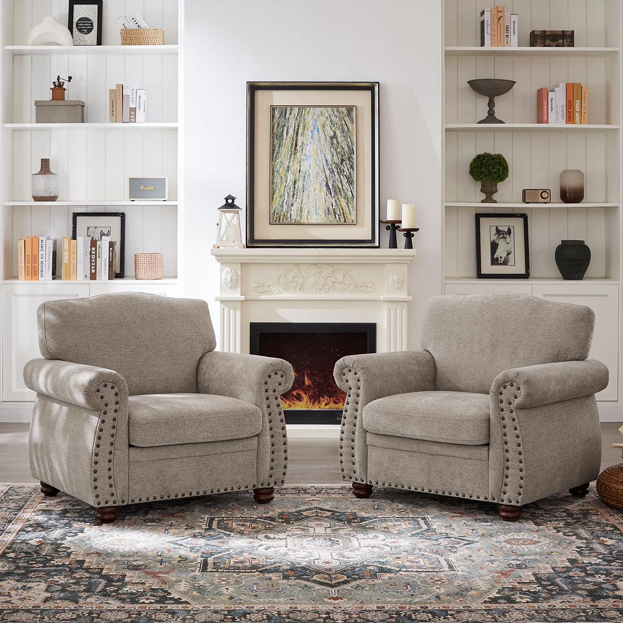 ONBRILL Nailhead Trim Armchair, Rolled Arm Accent Chair for Living Room, Comfy Chenille Club Sofa Chair w/Springs Cushions & Wood Legs, Traditional Single Couch Chair for Apartment, Farmhouse, Beige ONBRILL