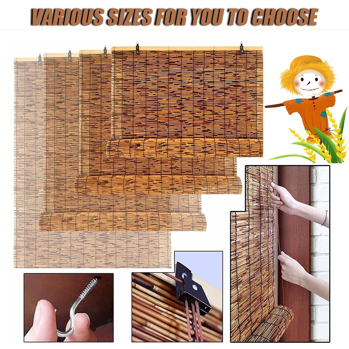 Bamboo Blinds for Outdoor Patio Bamboo Roll Up Shades Bamboo Shades for Patio, Outdoor Blinds for Porch Bamboo Roll Up Blinds Patio Shades Roll Up Outdoor 31×59in（W×H） Brown OCAZI