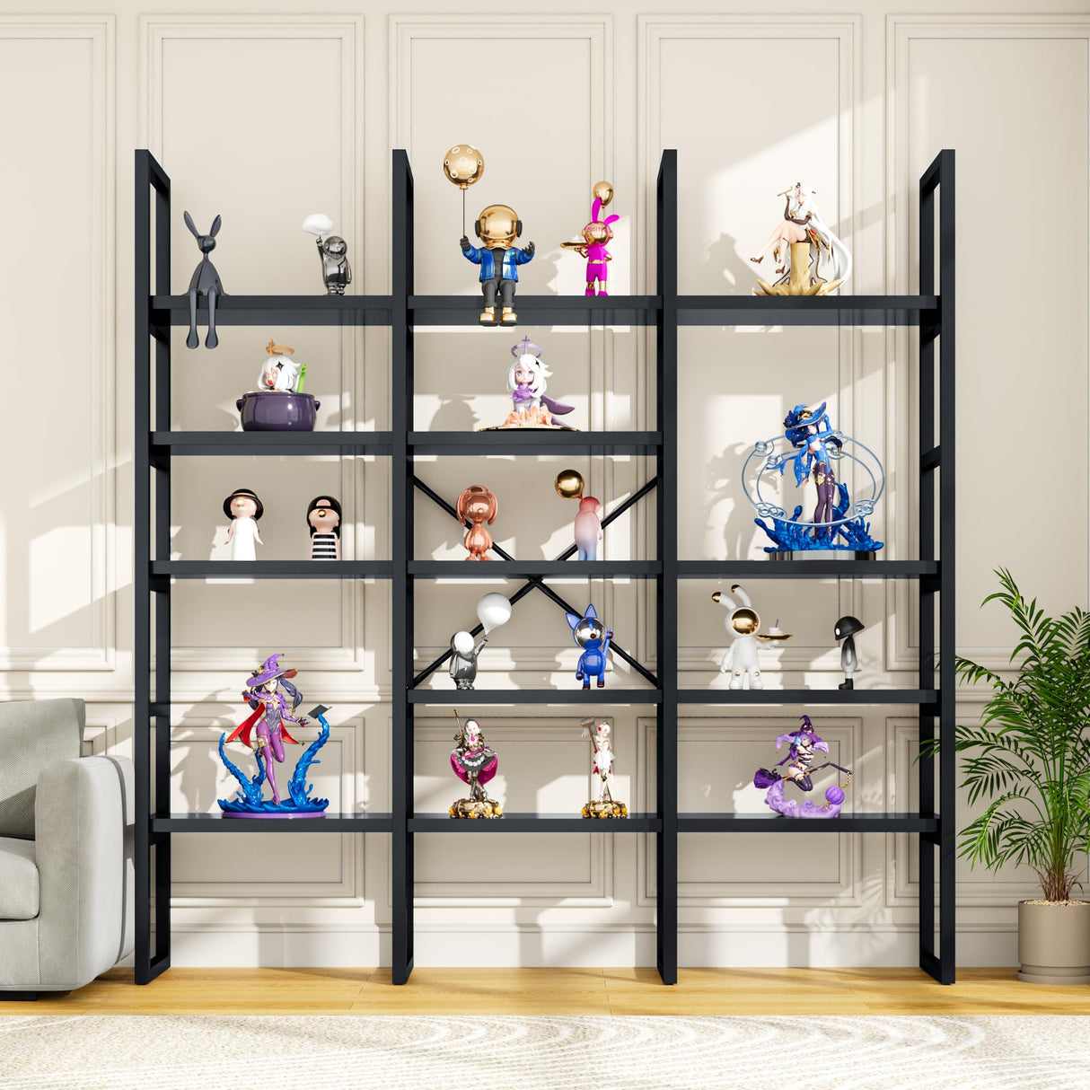 Semoic Large Bookshelf 5 Tiers, Triple Wide Geometric Bookcase, 71 Inches Tall Industrial Book Shelves Etagere Book Case, Sturdy Metal Frame, Freestanding Display Shelving Unit (Black) Semoic