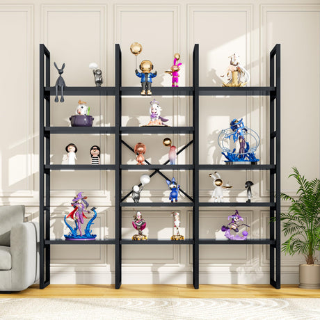 Semoic Large Bookshelf 5 Tiers, Triple Wide Geometric Bookcase, 71 Inches Tall Industrial Book Shelves Etagere Book Case, Sturdy Metal Frame, Freestanding Display Shelving Unit (Black) Semoic