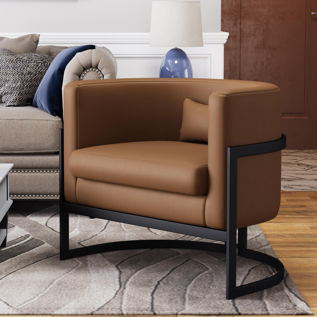 Apeaka Brown Faux Leather Barrel Accent Chair Modern Upholstered Armchair for Living Room Bedroom Single Sofa Chair Club Side Chairs Apeaka