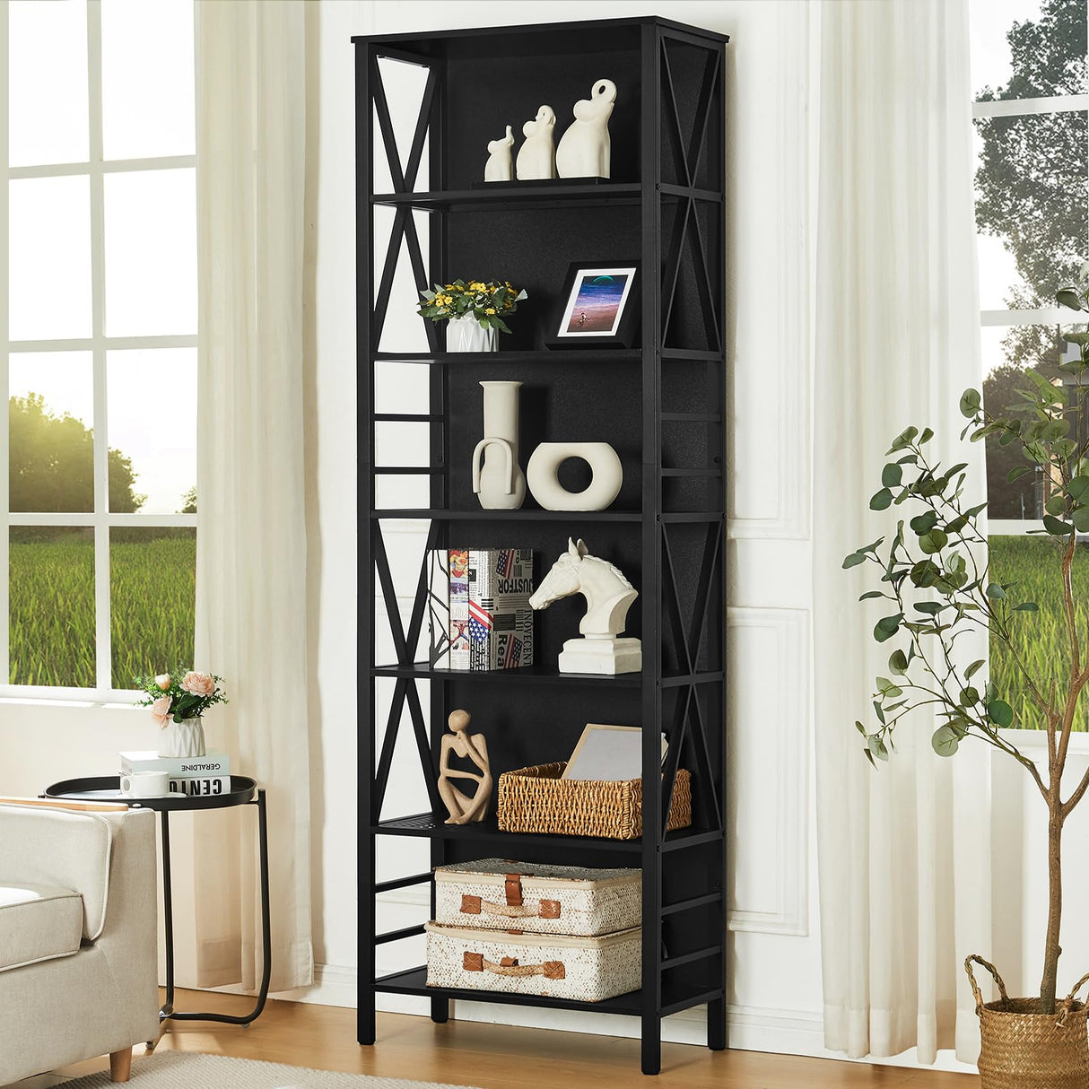 HOMISSUE Bookshelf, 7-Tier Bookshelf, Rustic Wood Metal Bookshelves and Bookcases, Freestanding Open Bookshelf, Industrial Tall Bookcase for Home Office, Living Room and Bedroom, Black HOMISSUE