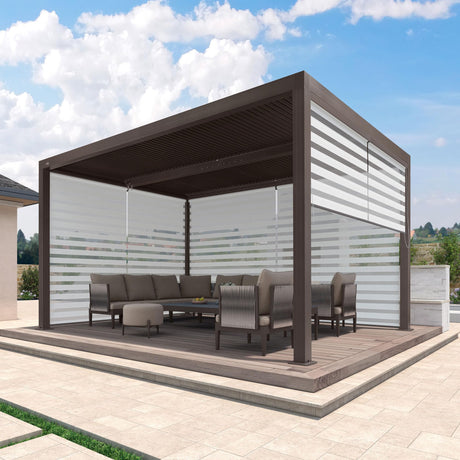 PURPLE LEAF Outdoor 10' × 14' Louvered Pergola with Roller Blinds Patio Adjustable Aluminum Canopy Retractable Metal Roof for Deck Outside Backyard Hardtop Gazebo Sun Shade, 2 Short and 1 Long Side PURPLE LEAF