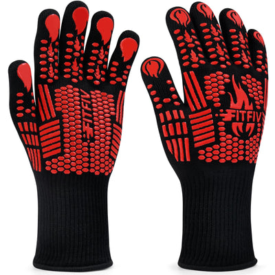 FITFIV BBQ Gloves, Extreme Heat Resistant Barbecue Gloves, Oven Mitts Silicone Non-Slip Oven Gloves, Kitchen Gloves for Cooking, Grilling, and Baking (Red)