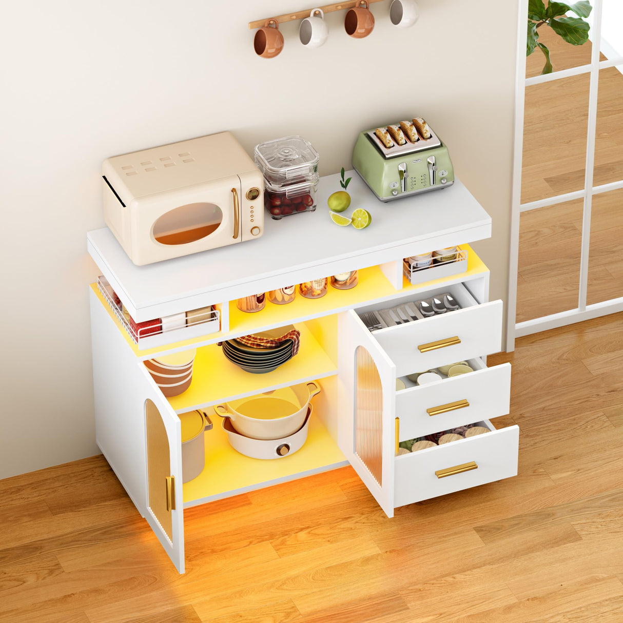 soges 39.4" LED Buffet Cabinet, Modern Sideboard Buffet with RGB 7-Color Light Strip, Large Kitchen Storage Cabinet with Storage for Bar, Office, Coffee Bar Station with 3 Drawers soges