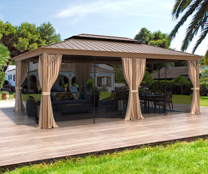 MELLCOM 14' x 20' Hardtop Gazebo, Wooden Finish Coated Aluminum Frame Gazebo with Galvanized Steel Double Roof, Brown Metal Gazebo with Curtains and Nettings for Patio, Lawn & Garden - WoodArtSupply