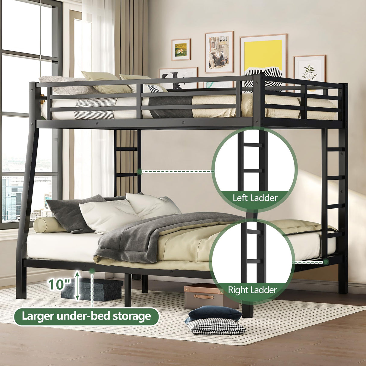 CAPCAEK Heavy Duty Metal Bunk Bed Full XL Over Queen Bunk Bed Frame for Adults, Bunkbeds with 2 Ladder, Noise Free Frames，No Boxing Spring Needed (Under-Bed Clearance 10", Full XL Over Queen Bunk) CAPCAEK
