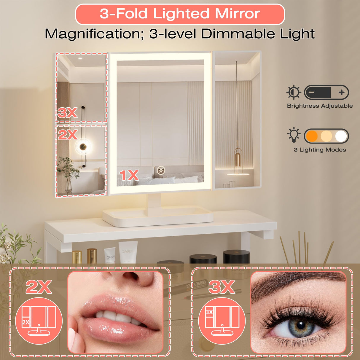 HIGDBFE Vanity Desk with Mirror and Lights, 28.4''W Small Makeup Vanity Table with Height-Adjustable Stand, 2 Fabric Drawers Compact Makeup Desk, Gift for Girls, Bedroom Small Space, White HIGDBFE