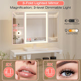 HIGDBFE Vanity Desk with Mirror and Lights, 28.4''W Small Makeup Vanity Table with Height-Adjustable Stand, 2 Fabric Drawers Compact Makeup Desk, Gift for Girls, Bedroom Small Space, White HIGDBFE