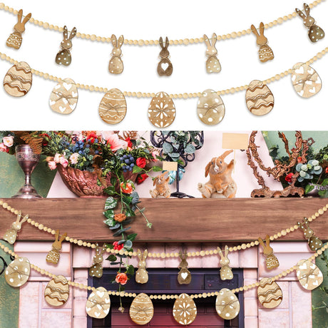 Marsui 2 Pcs 6 FT Easter Day Wooden Beads Garland Rustic Farmhouse Banner Spring Garland Easter Mantel Decorations Rabbit Egg Beaded Tiered Tray Decor for Celebration Shelf Display Fireplace Wall Marsui
