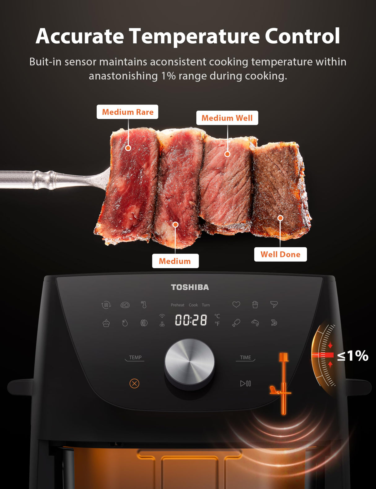 Toshiba 5.5QT Air Fryer with Heat-Q Technology, Quick and Easy Meals, 8 Preset Menus and Menu-IQ Function, 1-Degree Fahrenheit Precision, 90% Less Oil, Double-Sided Handles TOSHIBA