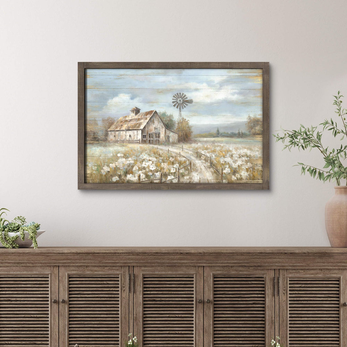 Barn Framed Wall Art Decor: Rustic Farmhouse Wooden Picture Countryside Windmill Meadow Painting Blue Sky and Wild Flowers Prints Artwork for Bedroom Kitchen 36'' x 24'' cozy country