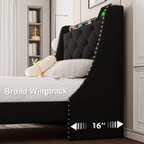 Feonase Twin Bed Frame with Luxury Wingback Upholstered Button Tufted Storage Headboard, Twin Platform Bed with Charging Station, Sturdy Wooden Slats Support, Noise-Free, Easy Assembly, Black Feonase
