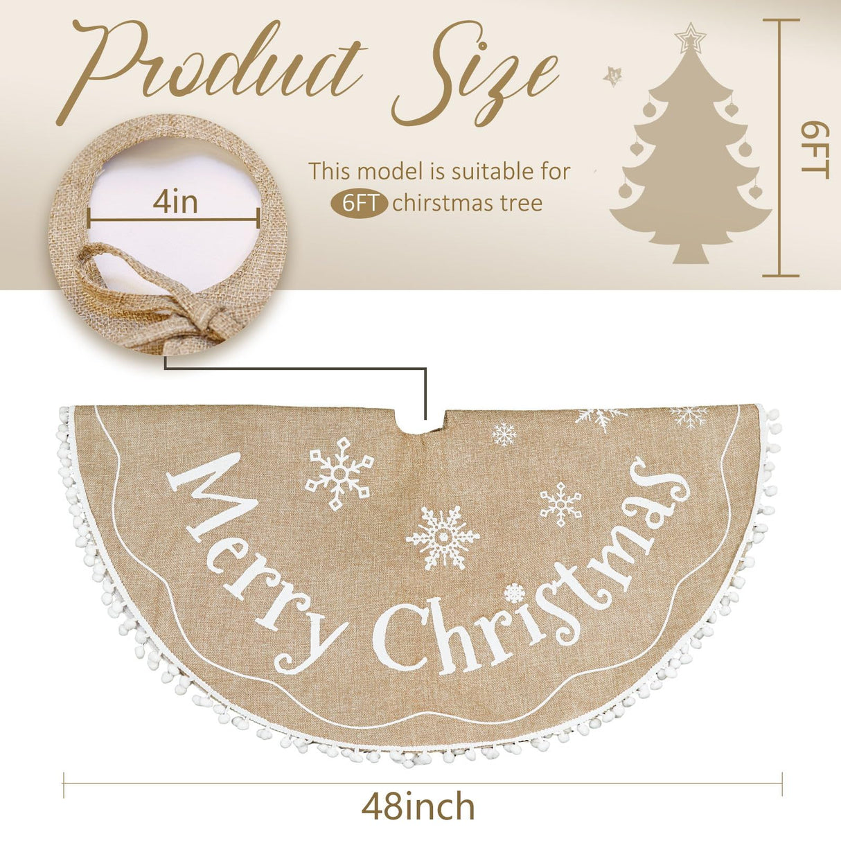 AerWo Christmas Tree Skirt 48 Inches, Burlap Tree Skirt Printed with White Snowflake and Merry Christmas Decor, Brown Tree Skirt for Christmas Decorations New Year Holiday Party Supply Indoor Outdoor AerWo