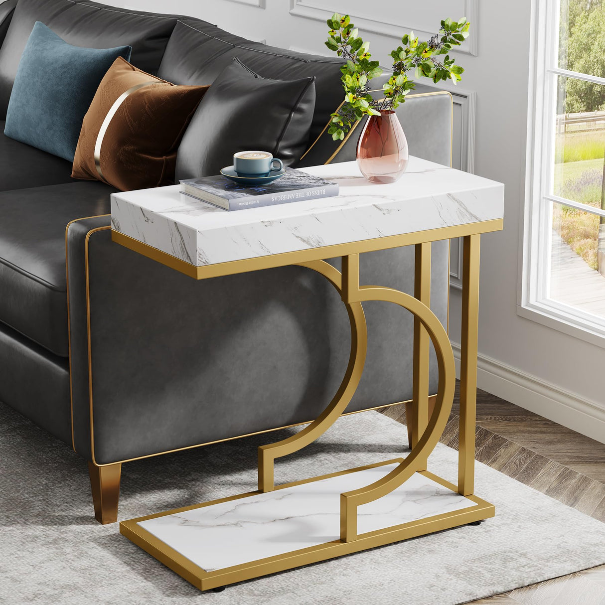 Tribesigns Narrow Side Table White Gold Side Table Set of 2 C Shaped End Table Modern Bedside Table Small Side Table for Couch, Sofa Table with Metal Frame for Living Room (2) Tribesigns