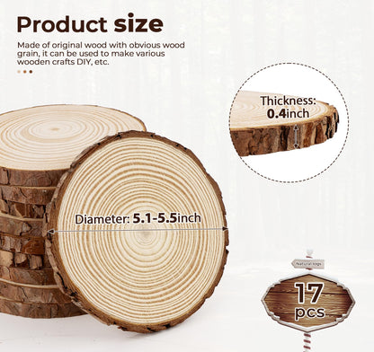 ilauke Wood Slices for Crafts, 17Pcs Unfinished Wood Slices for Centerpieces 5.1-5.5 Inch, Round Wooden Discs with Bark, Wood Pieces for Rustic DIY Crafts Wedding Decor Christmas Ornaments