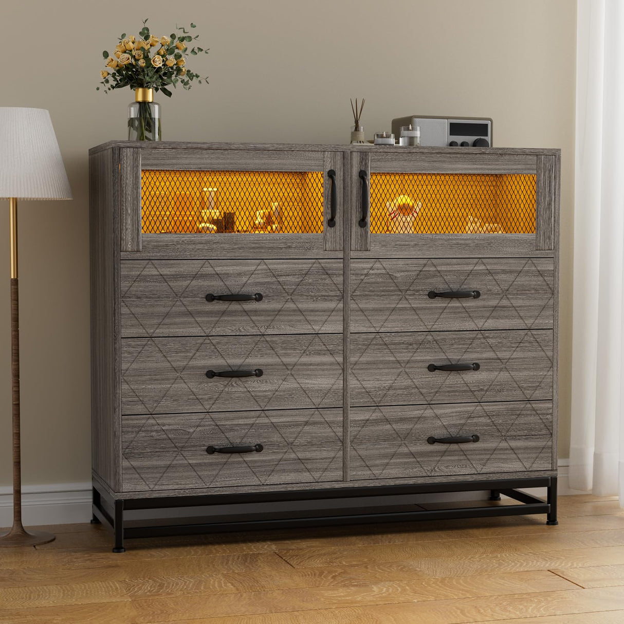 Harmobitat Dresser for Bedroom with LED Lights and Charging Station, Wooden 6 Drawer Double Dresser with 2 Doors, Modern Chest of Drawers for Bedroom, Entryway, Hallway, Grey Harmobitat