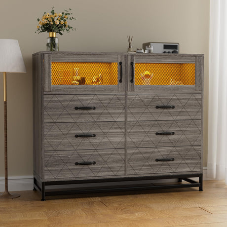 Harmobitat Dresser for Bedroom with LED Lights and Charging Station, Wooden 6 Drawer Double Dresser with 2 Doors, Modern Chest of Drawers for Bedroom, Entryway, Hallway, Grey Harmobitat