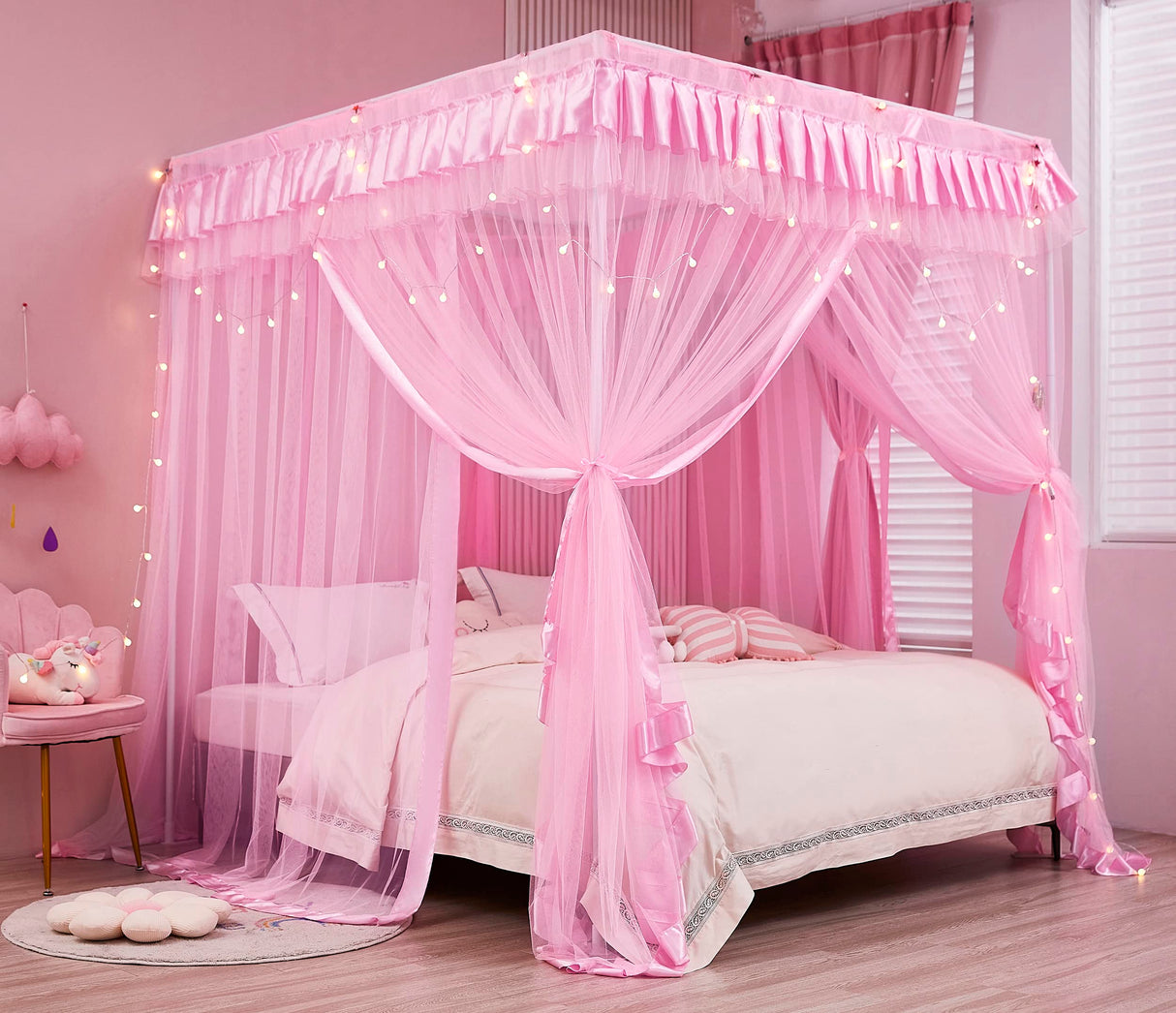 Mengersi 4 Corners Post Canopy Bed Curtains for Girls Full Size - Royal Luxurious Cozy Drape Canopy Bed Frames Netting for Kids Adults- Cute Princess Bedroom Decoration (Pink) Mengersi