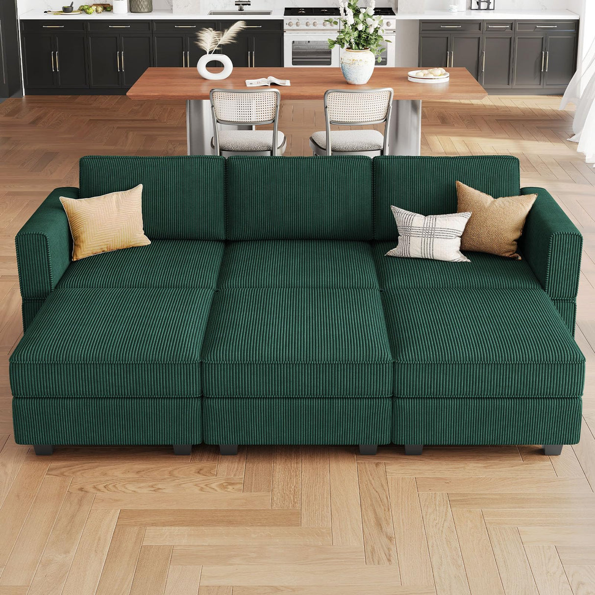 Belffin Modular Sectional Sofa with Storage Ottoman Seats, Corduroy Convertible Modular Sofa Bed Sectional Couch for Living Room, Green Belffin