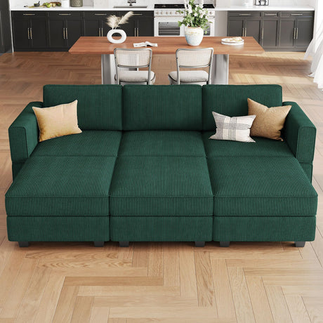 Belffin Modular Sectional Sofa with Storage Ottoman Seats, Corduroy Convertible Modular Sofa Bed Sectional Couch for Living Room, Green Belffin