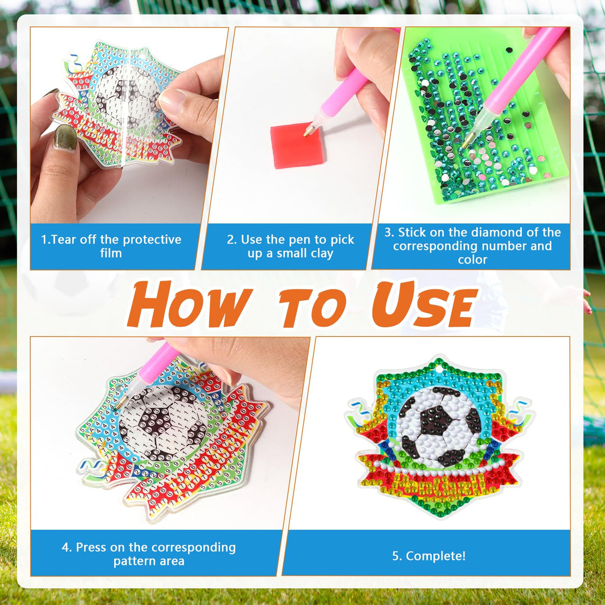 JSRQT 5D DIY Football Diamond Art Painting Keyrings Kit, Double-Sided Diamond Pasted Painting Keychians for Adult Kids, Rhinestone Mosaic Craft Painting Pendant for Handbag Backpack Party Decoration JSRQT