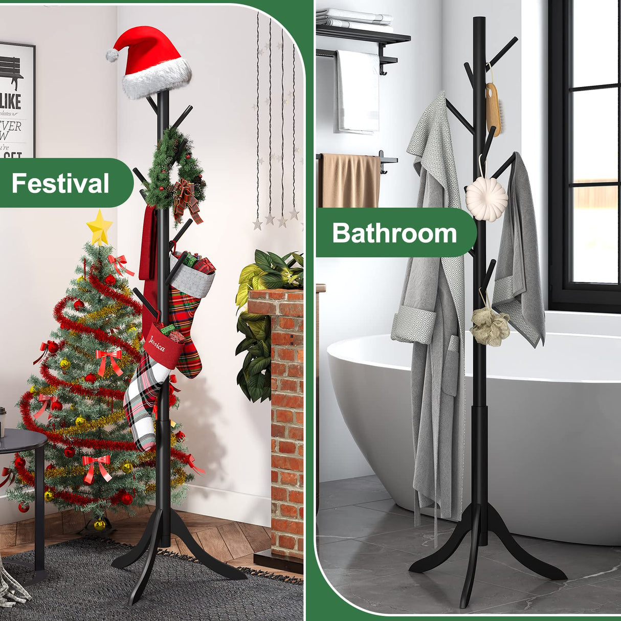 kiplant Black Coat Rack Stand, Bamboo Wood Freestanding Coat Tree with 8 Hooks, Hallway Entryway Hat Hanger Organizer Standing for Bedroom, Office, Clothes, Jackets, Bags, Umbrallas kiplant