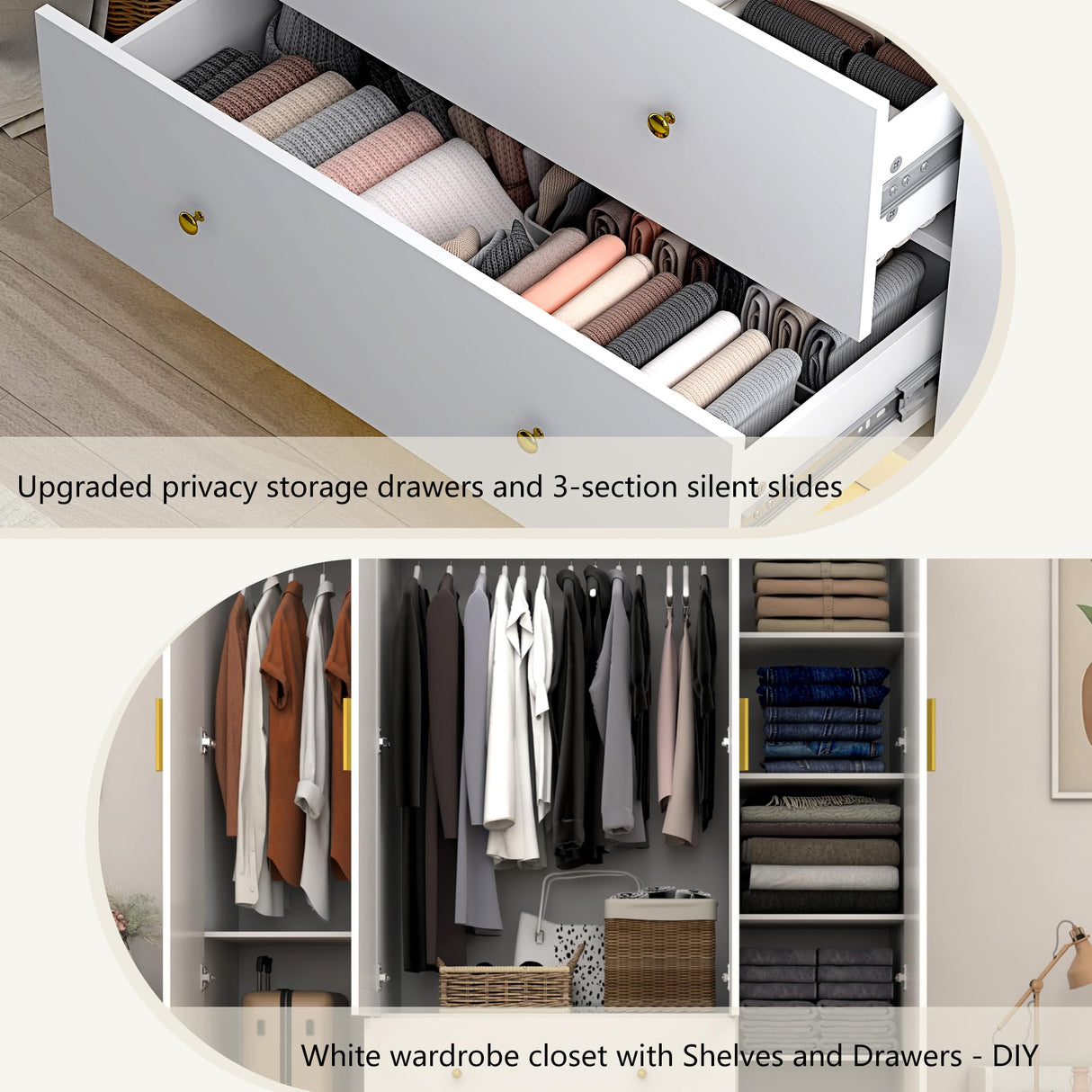 jiteentarou 4 Door Wardrobe Closet with Mirrors and LED Lights, Bedroom Armoire with Drawers and Shelves, Modern Wooden Armoire Wardrobe Closet with Hanging Rod for Bedroom, White jiteentarou