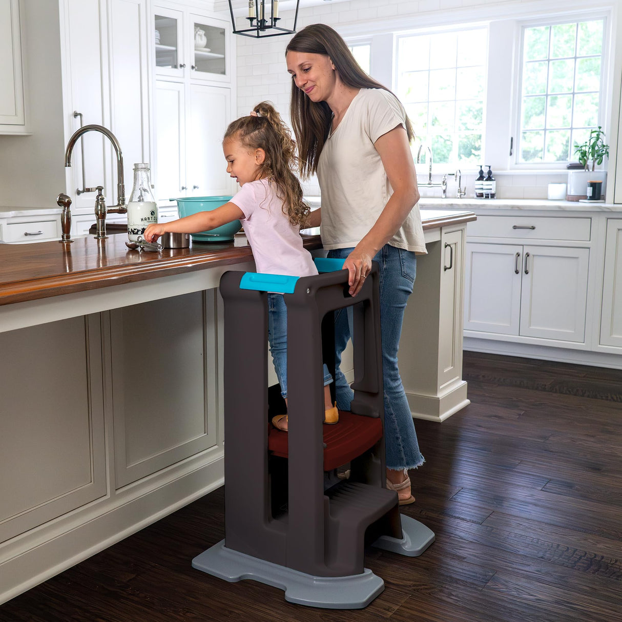 Simplay3 Toddler Tower Montessori Standing Kitchen Step Stool with Sturdy Stabilizing Base and Adjustable Platform, 20.5" D x 26" W x 34.5" H, Ages 18 Months to 5 Years, Espresso Brown Simplay3