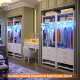 Cyclysio 75 '' Tall Garment Rack with 3 Fabric Drawers, 4-Tier Clothing Rack with Power Outlets & LED Lights, Closet System with Shoe Rack & Shelves for Small Spaces, White Cyclysio