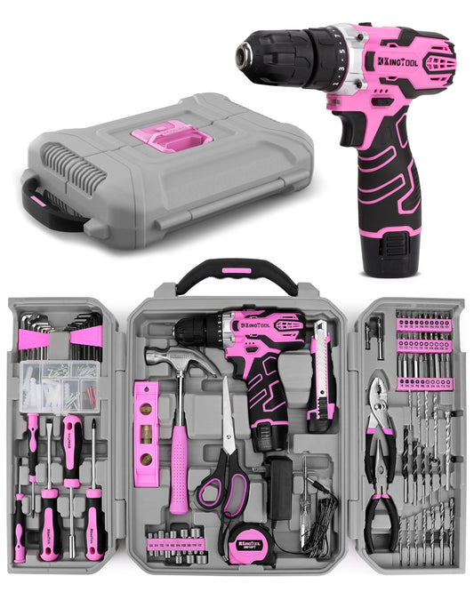 KingTool Home Tool Kit Set - 219 Pieces Pink Tool Kit with 12V Max Power Cordless Drill, Tool Kit for Women, Household Tool Set Kit with Power Drill for Home Office Garden Repair - WoodArtSupply