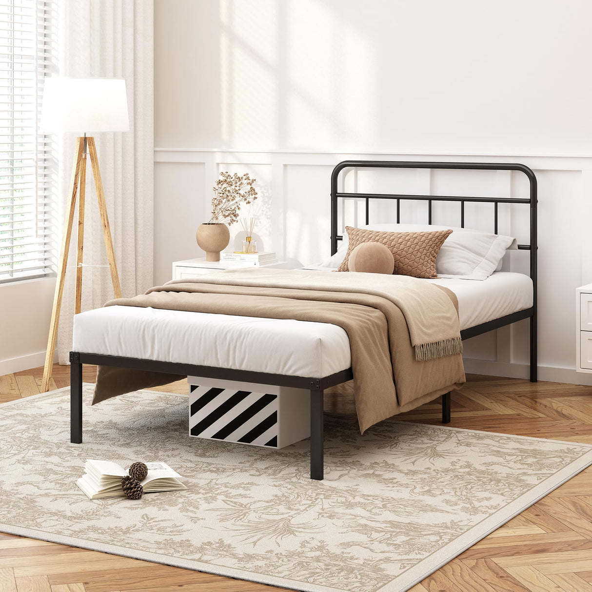 Kujielan 12 inches Twin Size Bed Frame with Minimalist headboard,Metal Platform Base with Strong Metal Slats,Mattress Foundation for Under Bed Storage,Easy Assembly,Black Kujielan