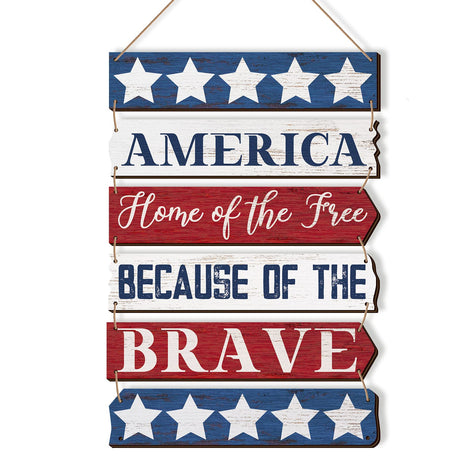 Tatuo 4th of July Decorations Patriotic Wall Decor Memorial Day Wooden Hanging Sign Rustic Red White Blue American Stars Door Sign Large Independence Day Wood Hanging Plaque for Front Door Porch Home Tatuo
