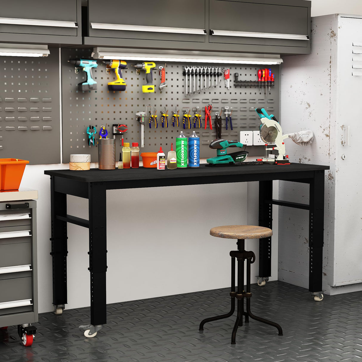 DKLGG 2000Lbs Workbench Adjustable Height, 47.2" Heavy-Duty Work Bench Table Mobile Workbench with Lockable Casters, Multifunction Work Station for Garage, Workshop, Home, Office, Easy Assembly DKLGG