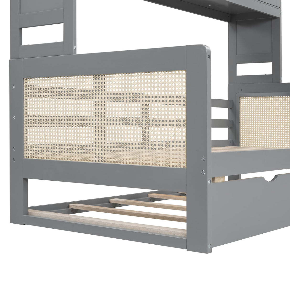 RuiSiSi Twin Size Daybed with Trundle & Storage, Solid Wood Corner Bed with Bookcase Headboard and Cabinets, Rattan Style Twin Day Bed Frame for Kids Teens Adults, Grey RuiSiSi