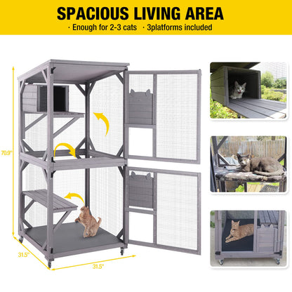 Aivituvin Cat Catio Outdoor Cat House Wooden Large Enclosure with Run on Wheels 70.9" Upgraded Version Catio with Reinforcement Strip,Waterproof Roof (Grey)