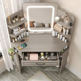 Makeup Vanity Desk, Corner Vanity with Large LED Mirror,Lots Open Shelves,Gray Vanity with Charging Station,Farmhouse Makeup Vanity Table with 3 Lighting Modes, Brightness Adjustable Maupvit