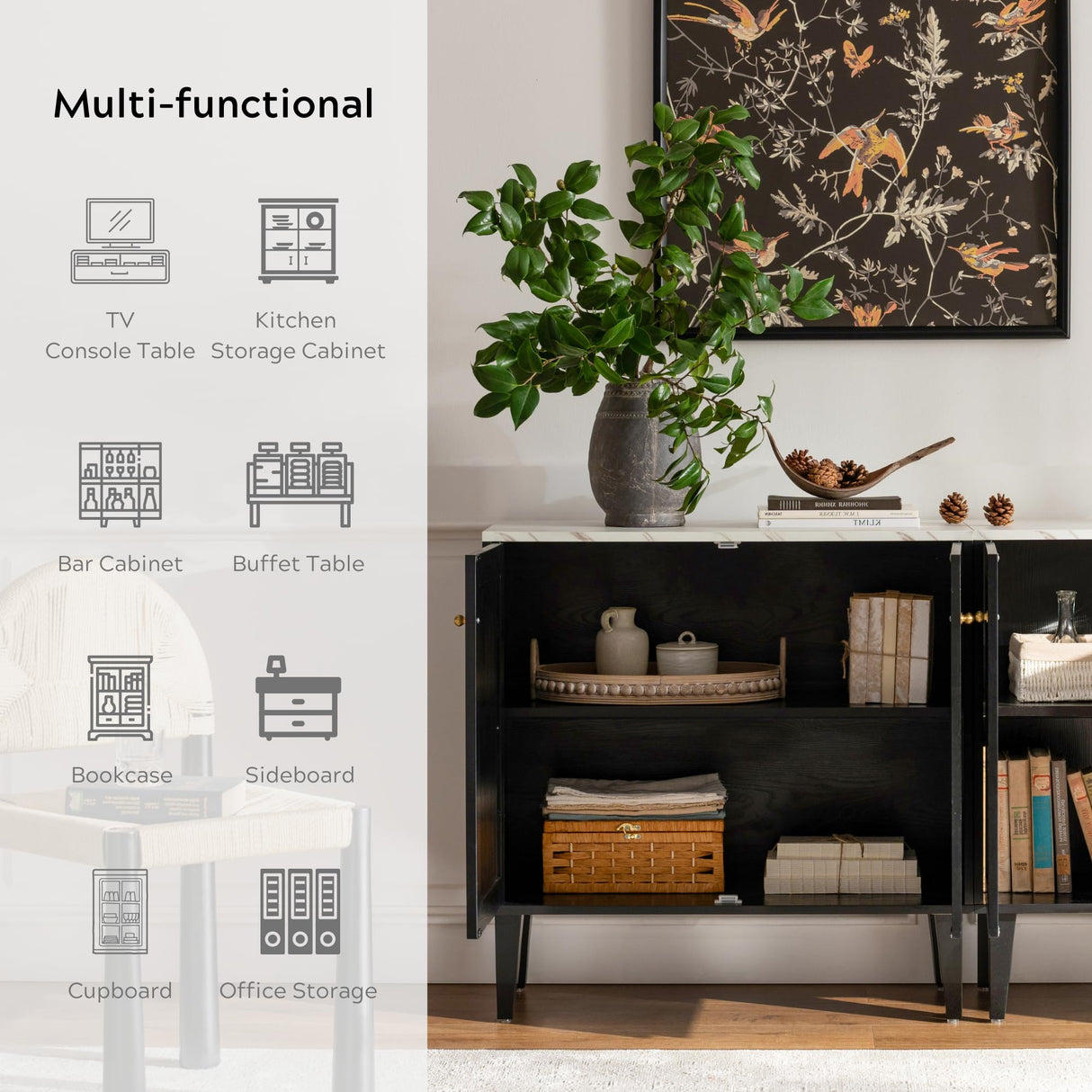 EYYTHUNG Black Storage Cabinet Set of 2, Modern Accent Cabinet with Faux Marble Top & Adjustable Shelves, Wooden Credenza, Console Table Entryway Cabinet EYYTHUNG