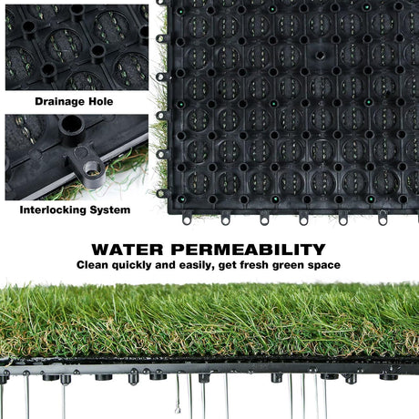 XLX TURF Artificial Grass Tiles Interlocking Turf Deck Set 9 Pack - 12"x12" Synthetic Fake Grass Self-draining Mat Flooring Decor Pad for Dog Pet Indoor Outdoor, 8 Buckle Systerm XLX TURF