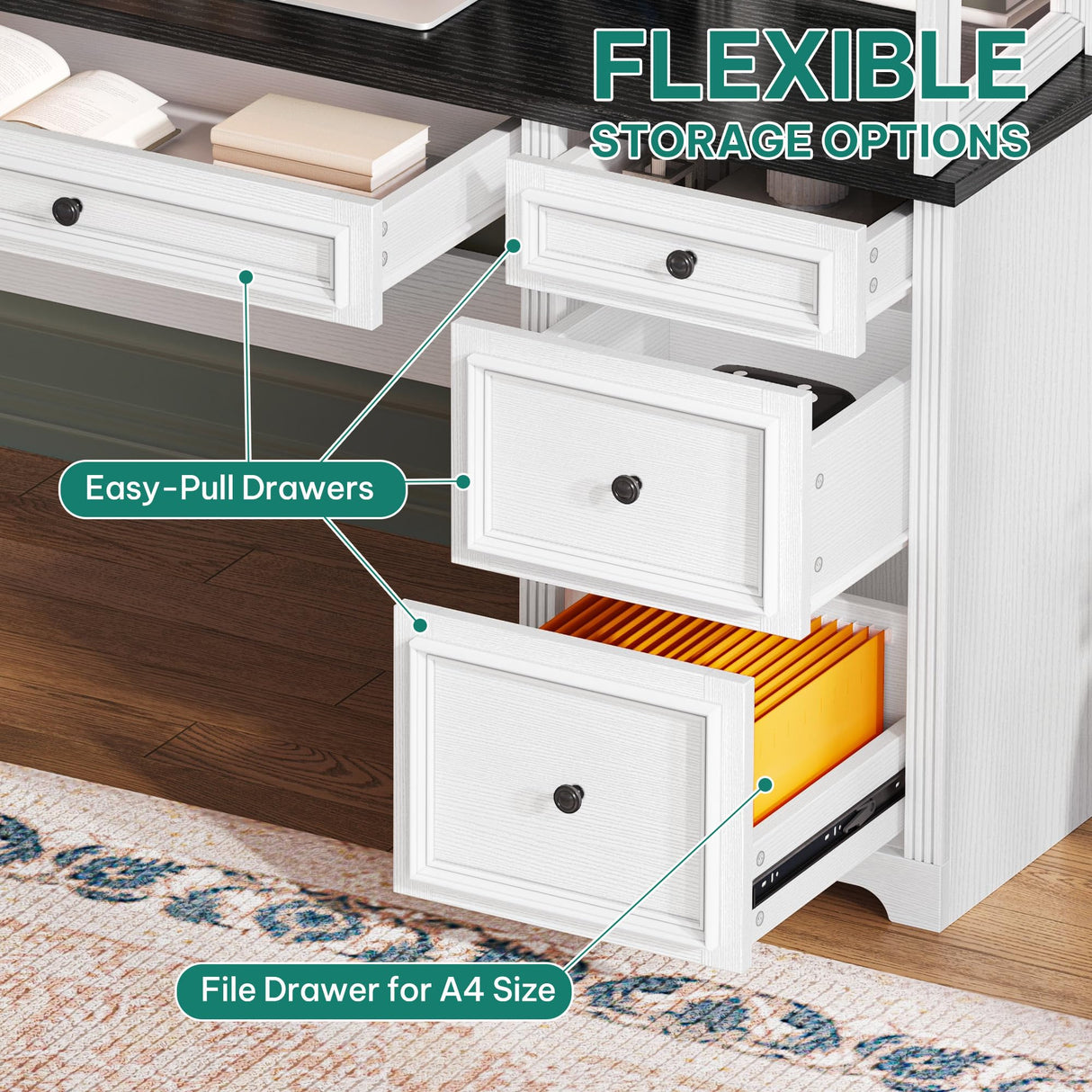 YITAHOME Executive Desk with Hutch and Drawers, Farmhouse Wood Computer Desk with Power Outlet & LED Lights, Home Office Desks with Storage Shelves, Storage Cabinet with Glass Door, White & Black YITAHOME