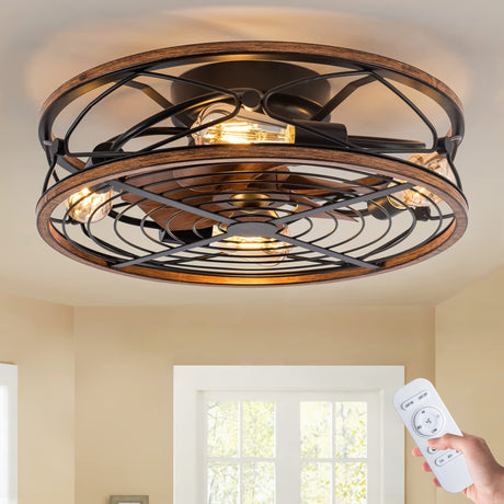 TIFEROR Caged Ceiling Fans with Lights, 20 in Bladeless Ceiling Fan with Remote Control, 3 Speeds Low Profile Modern Enclosed Ceiling Fans with Reversible Motor, Matte Black (5 E26 Bulb Include) TIFEROR