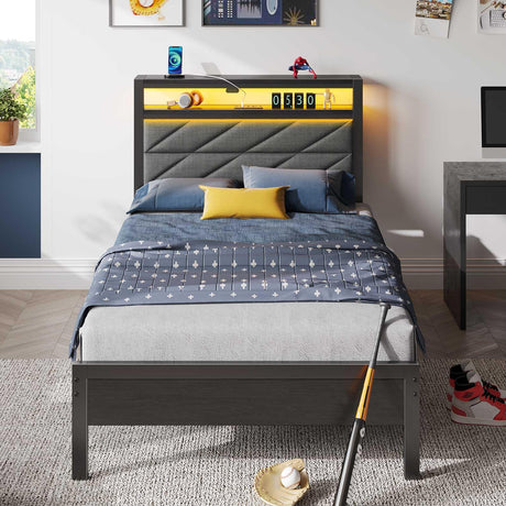 Seventable Bed Frame Twin Size with Charging Station, LED Bed with Upholstered Storage Headboard, Metal Platform Bed with Under Bed Storage, No Box Spring Needed, Noise Free, Easy Assembly, Grey Seventable