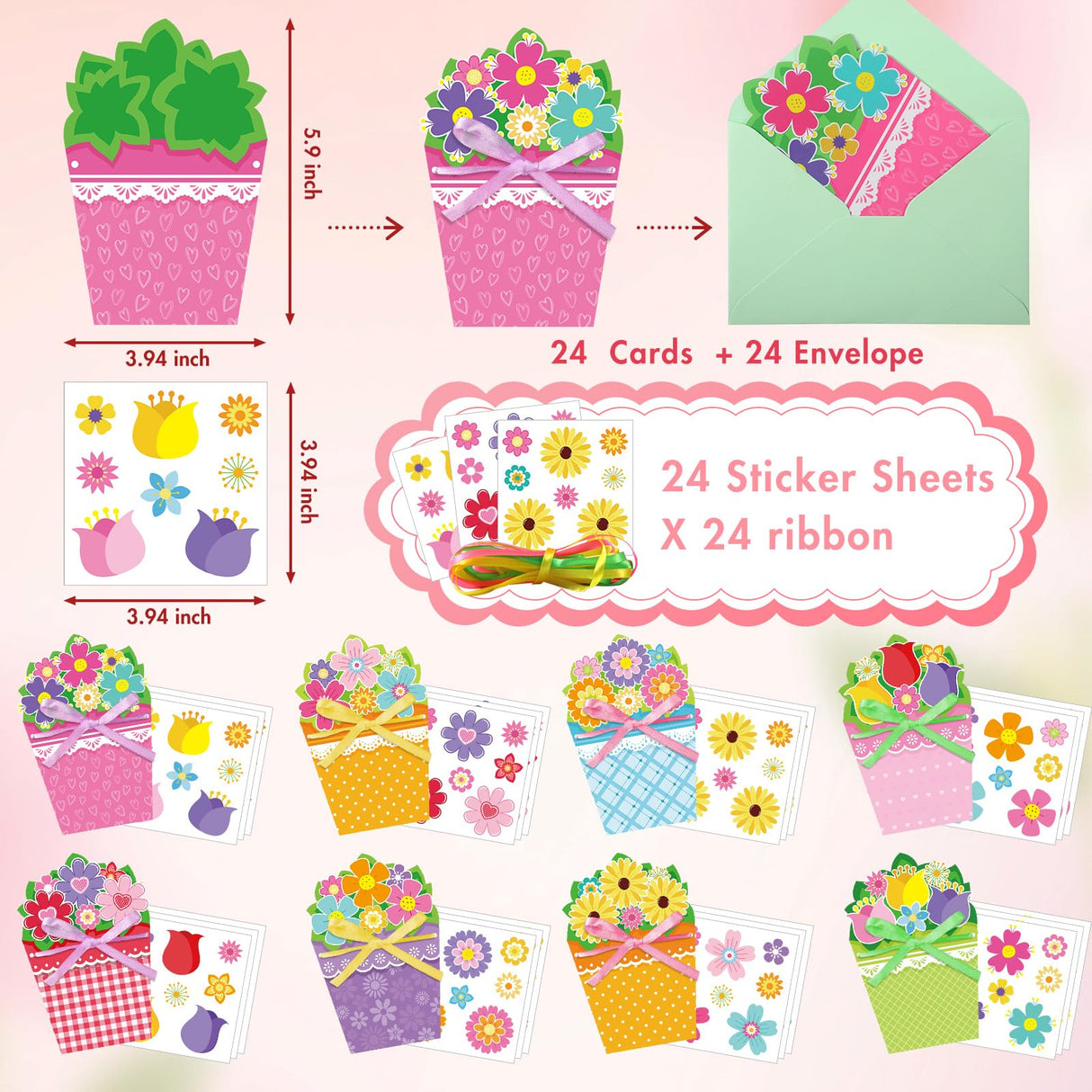 Pasimy 24 Sets Card Making Kits DIY Handmade Greeting Card Kits for Kids with Flowers Stickers Envelopes Ribbon for Preschool Primary School Kids Classroom Mother's Day Make Your Own Crafts Gifts Pasimy