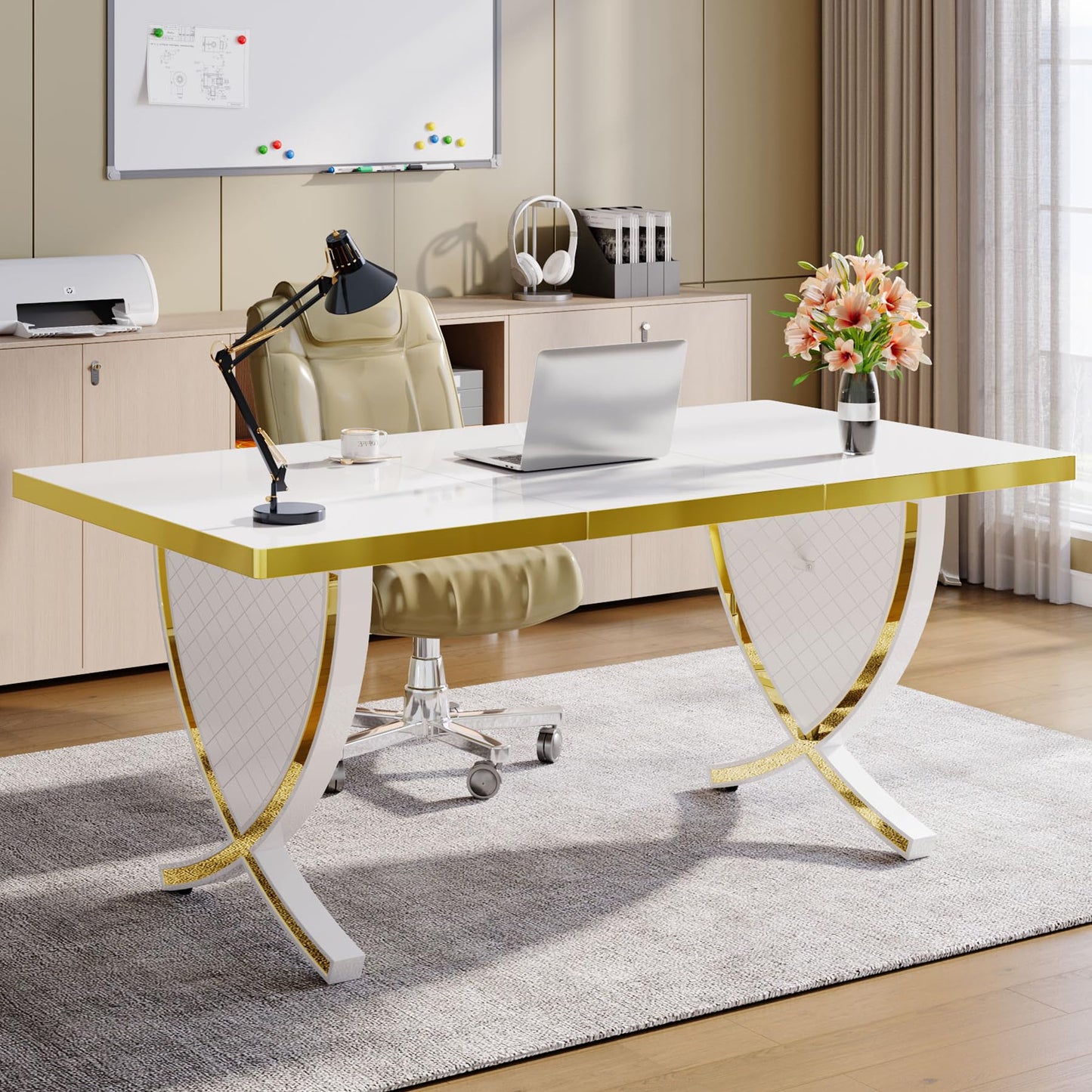 Tribesigns Luxury Modern Office Desk, White and Gold Large 63" Workstation, Elegant Executive Desk with High-Gloss Finish, Sturdy Metal Legs, Perfect for Home Office or Study