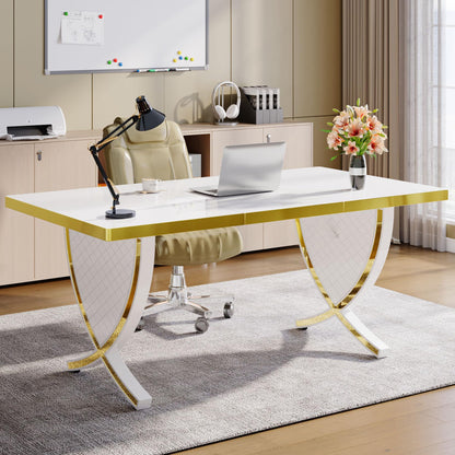 Tribesigns Luxury Modern Office Desk, White and Gold Large 63" Workstation, Elegant Executive Desk with High-Gloss Finish, Sturdy Metal Legs, Perfect for Home Office or Study