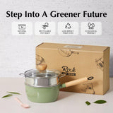 ROCKURWOK Ceramic Nonstick Sauce Pan with Lid, 2 Quart Cooking Pot, Small Saucepan with Steamer, PTFE& PFAS-Free, Wooden Handle for Cool Touch, Universal Base(Gas, Electric & Induction), Green ROCKURWOK