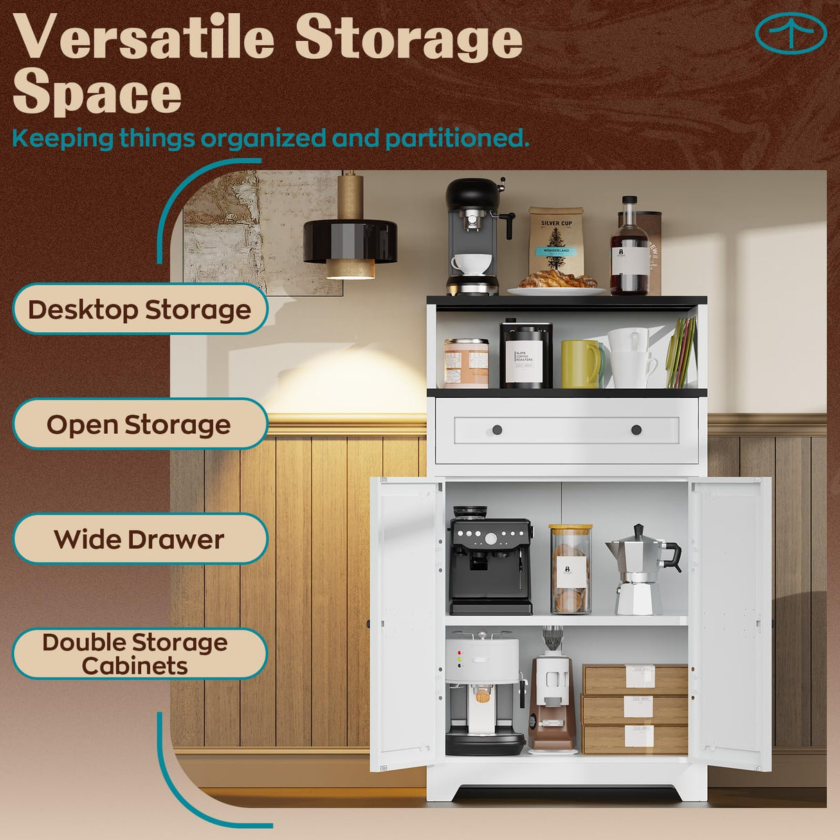Eltean 42.5" H White Metal Farmhouse Storage Cabinet with Magnetic Doors and Drawer,Sideboard with Adjustable Shelf,Large Capacity Kitchen Pantry Cabinet for Entryway/Living Room/Dining Room Eltean